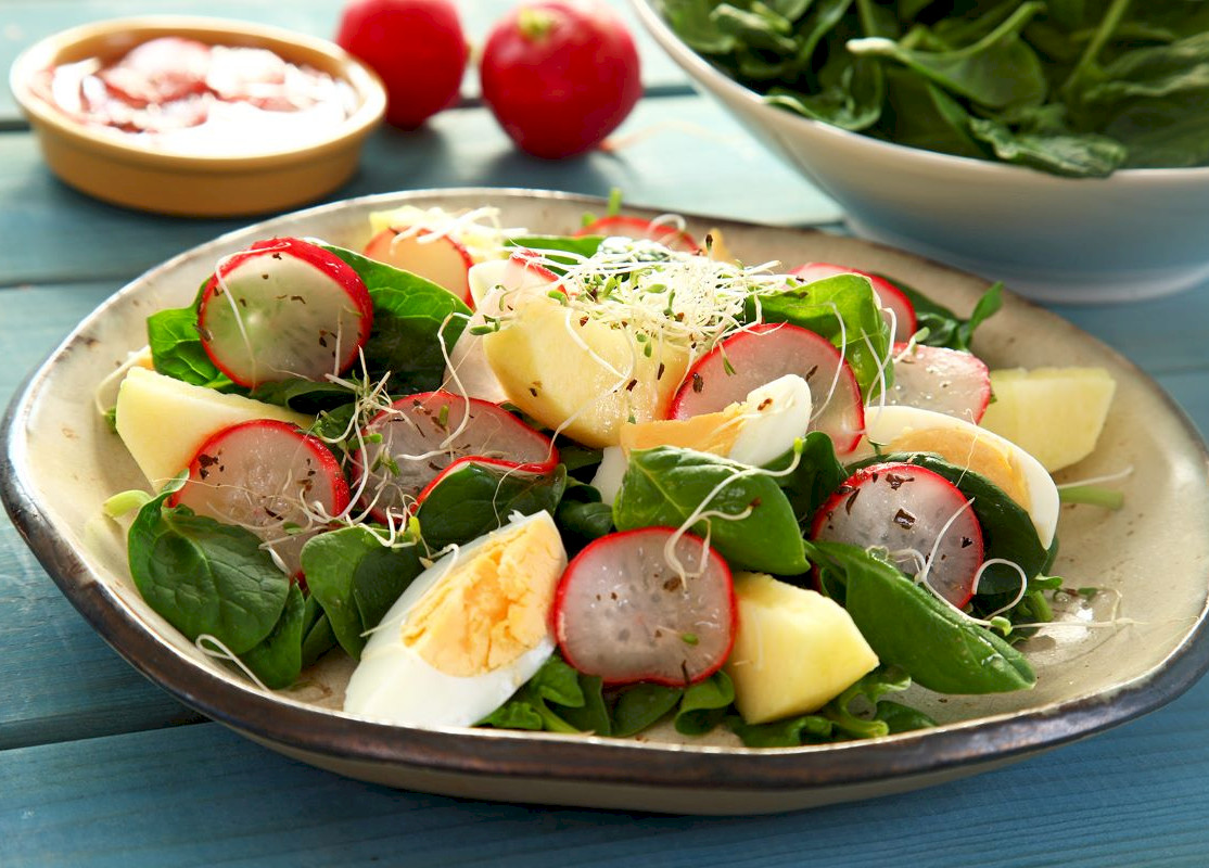 Salad with spinach, egg and radish